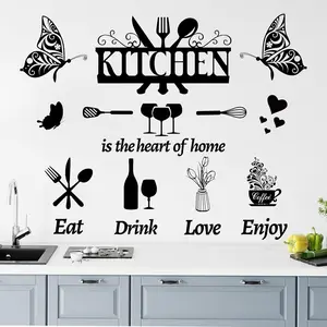 Large Kitchen Wall Decals Dining Room Quotes Wall Stickers The Kitchen is The Heart of Home Sign Decor Word Saying Lettering Wall Decals Butterfly Coffee Cup Sticker for Family Home Restaurant Decor