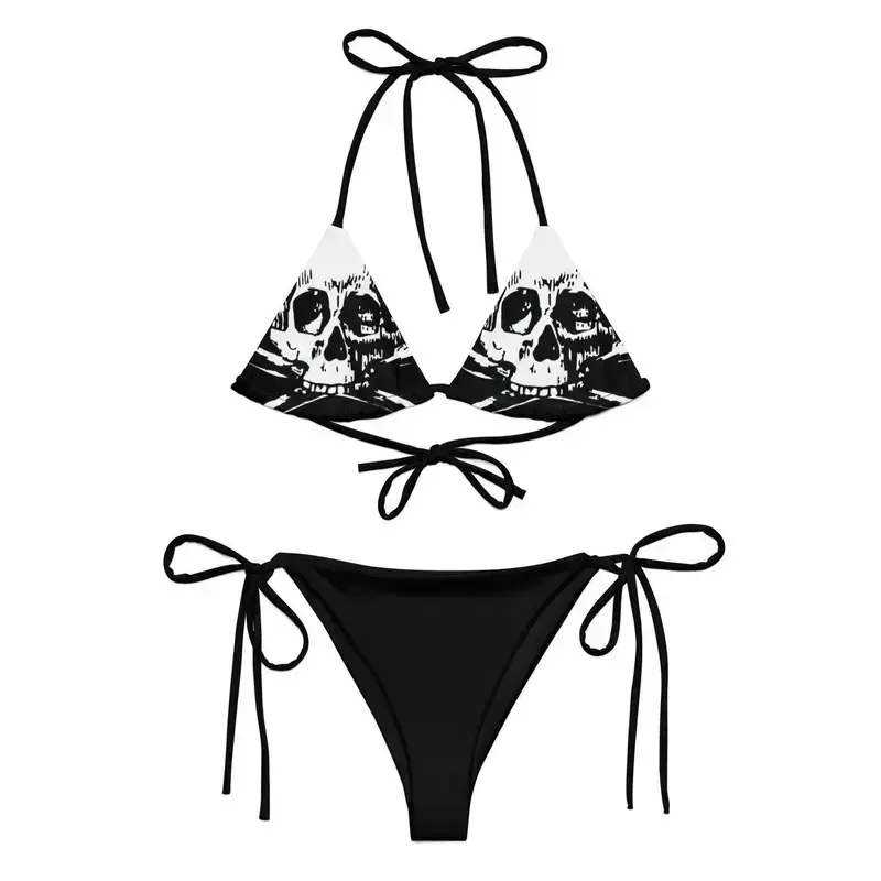 Skull & Bones Bikini, All-over Print Recycled String Bikini Gothic Fashion Skull Crossbones Metal Punk Pirate Biker Occult