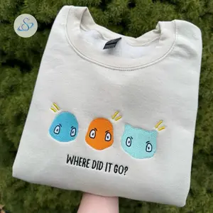 Where Did It Go Embroidered Crewneck Sweatshirt, Cute Monster Trio Graphic Pullover for Women Men, Funny Gamer Gift, Cozy Unisex Anime-Inspired Casual Top