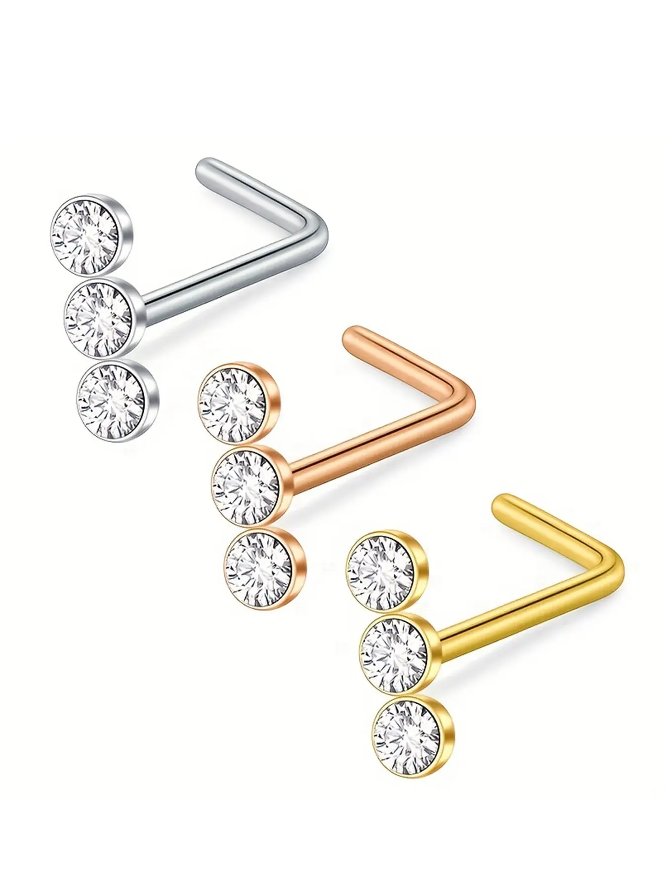 20g Surgical Steel Triple Linear Gem Ball Round Cz Nose Stud Rings, L Shaped Nose Studs, L Shaped Piercing Jewelry, 3pcs, Chic Body Jewelry, Fashionable Body Art Accessories, Body Jewelry Set