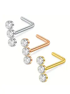 20g Surgical Steel Triple Linear Gem Ball Round Cz Nose Stud Rings, L Shaped Piercing Jewelry, 3pcs, Fashionable Body Art Accessories
