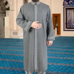Men's Lux Thick Islamic Thobe Jubbah, Long-Sleeve Winter Prayer Robe, High-Quality Woven Fabric, Embroidered Design, Elegant Comfortable Modest Clothing