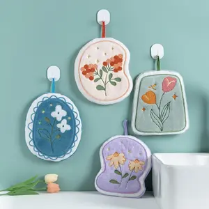 Floral Embroidery Hanging Hand Towel, 4 Counts/set Soft Absorbent Hand Towel, Hanging Handkerchief for Bathroom Kitchen Dormitory Hotel
