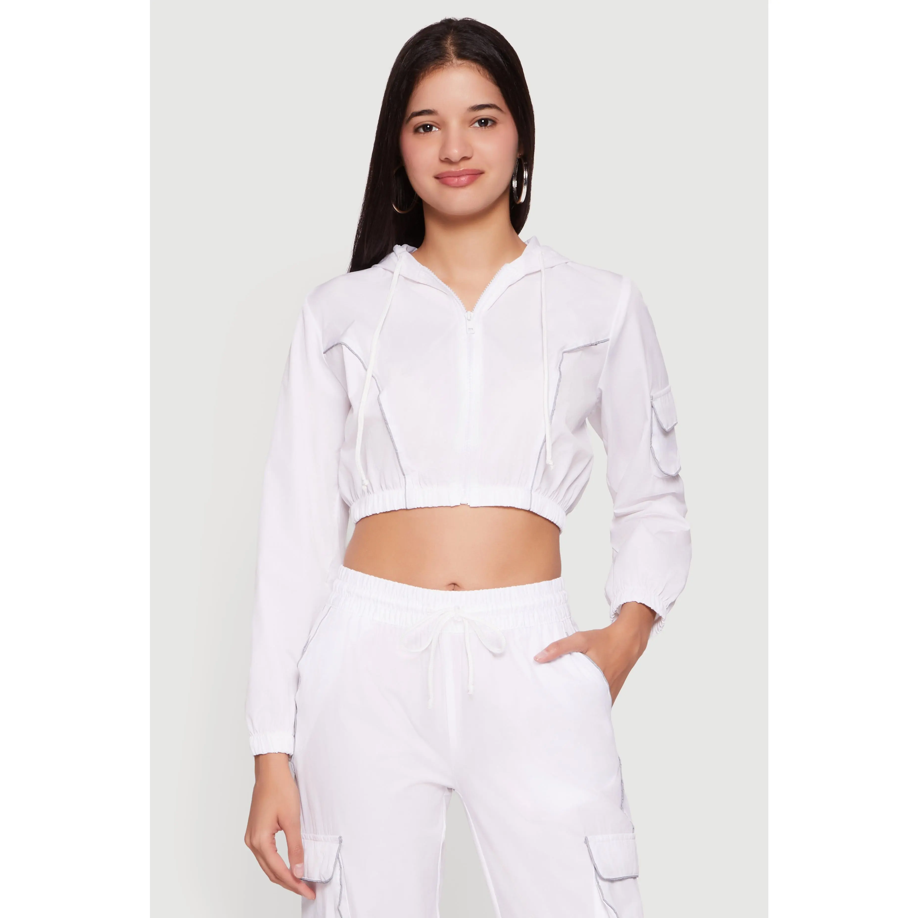 Nylon Cropped Zip Front Hooded Jacket