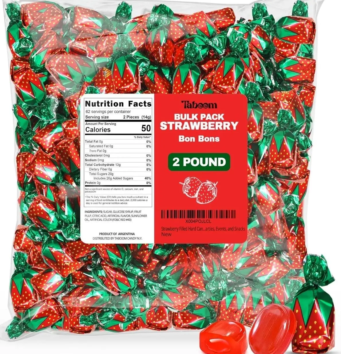 Strawberry Filled Hard Candy Bon Bons 2 lbs Bulk Pack - Individually Wrapped Christmas Fruit-Filled Candy, Classic Strawberry Hard Candy for Holiday Treats, Parties, and Snacks