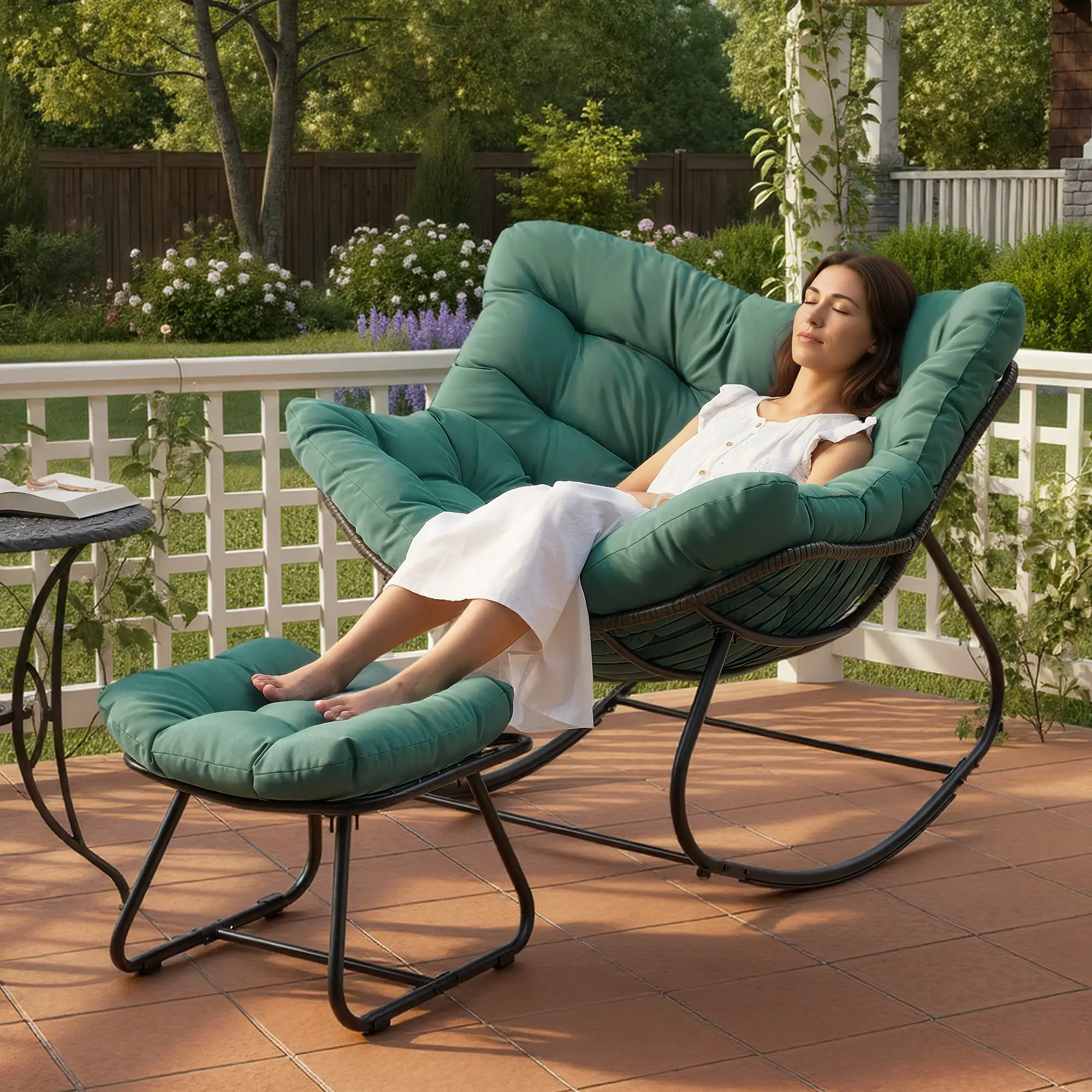 RoyalCraft L Patio Rocking Chair with Ottoman, Outdoor Indoor Rocking Egg Chair with Cushions, Metal Lounge Chair Oversized Papasan Chair, Outdoor Wicker Reading Chair for Porch Garden, Green