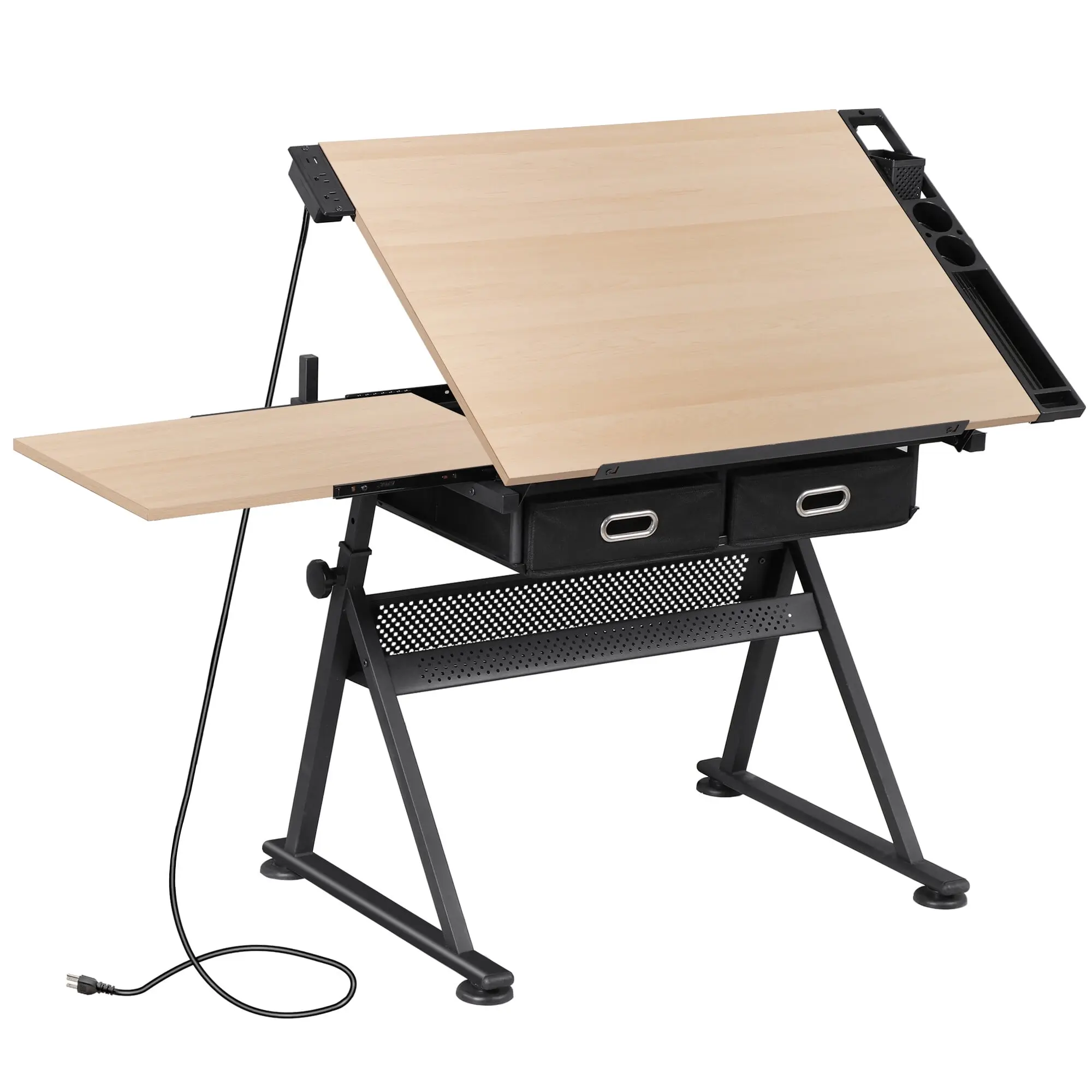 Height-Adjustable Angle-Adjustable Durable Steel-Wood Construction Drafting Table Art Desk with Storage Drawers, Natural Finish, Wooden Tabletop