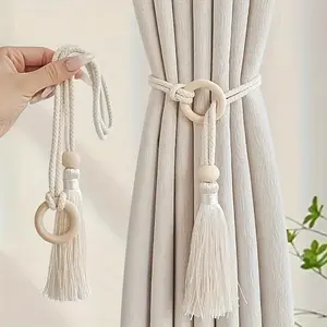 Boho Style Tassel Curtain Tieback, 2 Counts/set Handmade Wooden Bead Decor Curtain Holdback, Window Accessories for Home Living Room Bedroom