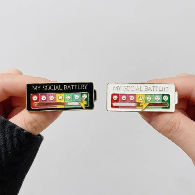 2-Pack "Social Battery" Slider Pins – Interactive Mood Pins for Introverts; Fun & Creative Social Battery Badges for Jackets and Backpacks – A Novel Accessory and Cute Gift for Friends or Her