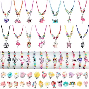 X-JLY05 70 Pcs adult and Kids Jewelry for Girls Set Little Girls Jewelry Unicorn Mermaid Adjustable Friendship Bracelets Necklaces Rings Earrings Animal Multicolor Woven Pendant for Little Girls Pretend Play Gifts