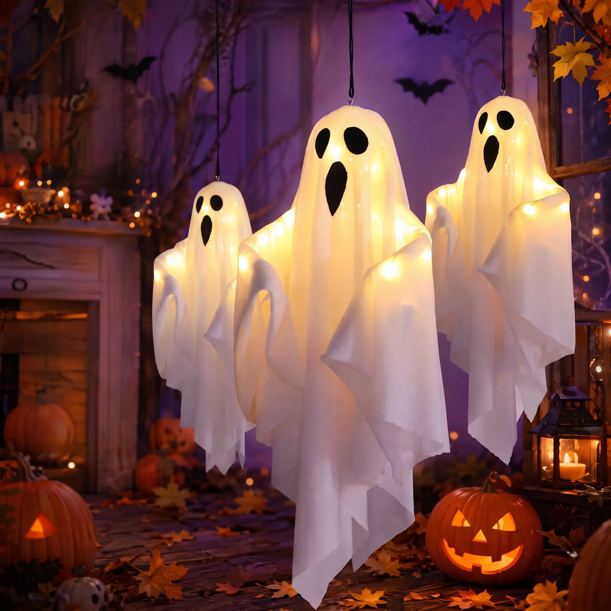 YLNWH 19.7in Medium Size Light-Up Hanging Ghost Halloween Decoration, Battery Powered LED Ghost with 3 Lighting Modes & Poseable Arms, 15.7in Wide Spooky Decor for Porch, Indoor, Home & Halloween Party