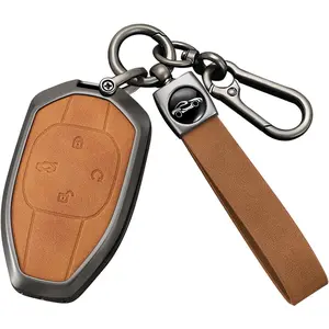 Key Fob Cover Compatible with Trumpchi GAC 2021 Empow J11 J12 J13 J14 J15 J16 GS8 Accessories Leather& Zinc Alloy 4 Button Key Case Shell with Keychain Gift-F Type 4 Button Brown