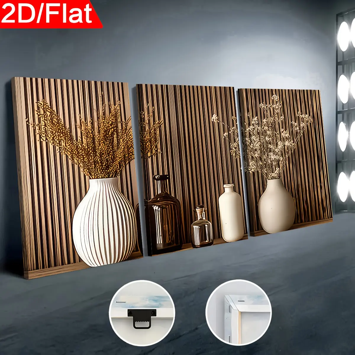 3-Piece 2D Flat Print Modern Wood Art Style Simple Potted Plant Landscape Art, Framed Canvas Paintings And Posters, Ready To Hang, Home Decoration, Wall Art, Room Decoration, High-Definition Print, Holiday Gift, Decorative Hanging Paintings For Living Roo