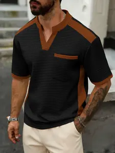 Men's Waffle Knit Short Sleeve Top, Chest Pocket Colorblock Henry Collar T-Shirt, Casual Streetwear, Menswear, Clothes, Comfortable and Stylish