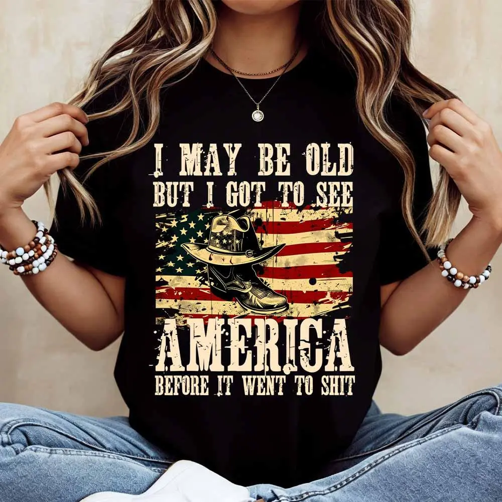 Men's Lightweight Graphic T-Shirt with American Flag Cowboy Print, Casual Round Neck Top for Spring and Everyday Wear, Machine Washable, Tshirt, Menswear, Fabric, Graphic T Shirts, Flag Print