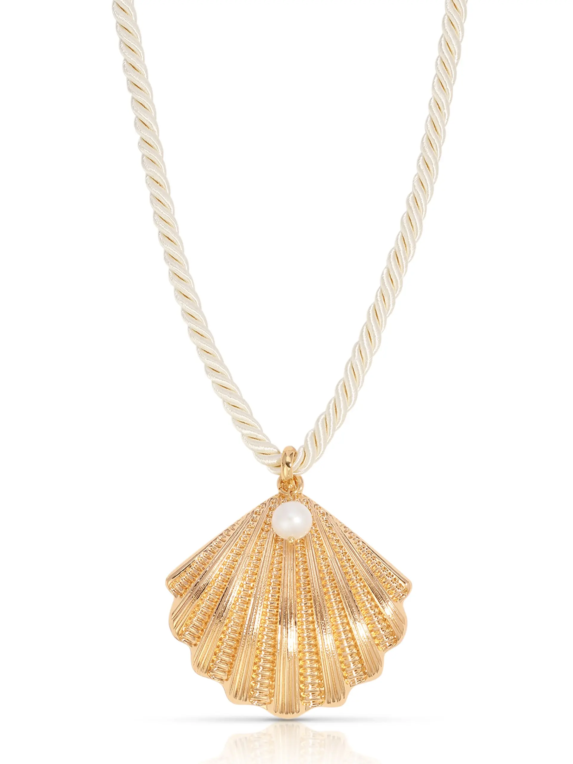 Ettika Scallop Shell Pendant Necklace – 18k Gold Plated Zinc Necklace with Silk Cord, Freshwater Pearl, and 2" Shell Pendant, 16" + 3" Extender