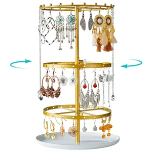 Rotating Earring Holder Organizer: Earrings Tree Display & Storage Stand For Stud Earrings/Pierced Earrings, 3 Tier, Gold Boxes Smooth
