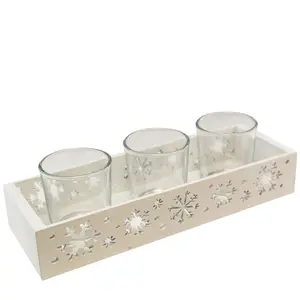 LumaBase Wooden Snowflake Candle Tray with 3 Glass Holders LumaBase Wooden Snowflake Candle Tray with 3 Glass Holders