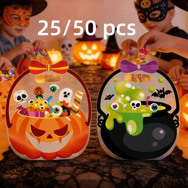 【Back to School】25/50 Pcs Halloween Goodie Bags Plastic Candy Gift Bags with Handle Pumpkin Cauldron Ghost Pattern Transparent Trick or Treat Bags for Teacher Students Office Employee Coworker, Halloween Birthday Party Favor-MM1
