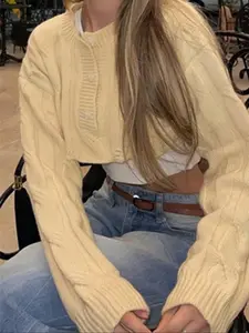 Women's Solid Color Button Casual Fashion Long Sleeve Sweater, Loose-Fitting Plain Pattern, All Seasons Comfortable Top