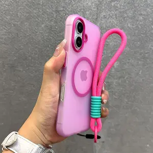 Magnetic semi transparent, wrist strap shock-absorbing, Shockproof phone case suitable for iPhone 17, 16, 15, 14, 13, 12, 11 Pro Max Plus, MagSafe compatible, pink transparent, anti fall and dustproof