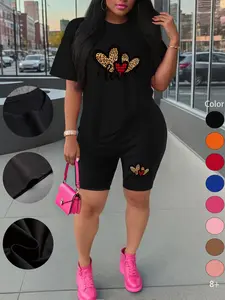 Women's Summer Short Sleeve Shorts Set, Heart Print Sporty Style, Casual Comfortable Two-Piece, Above the Knee