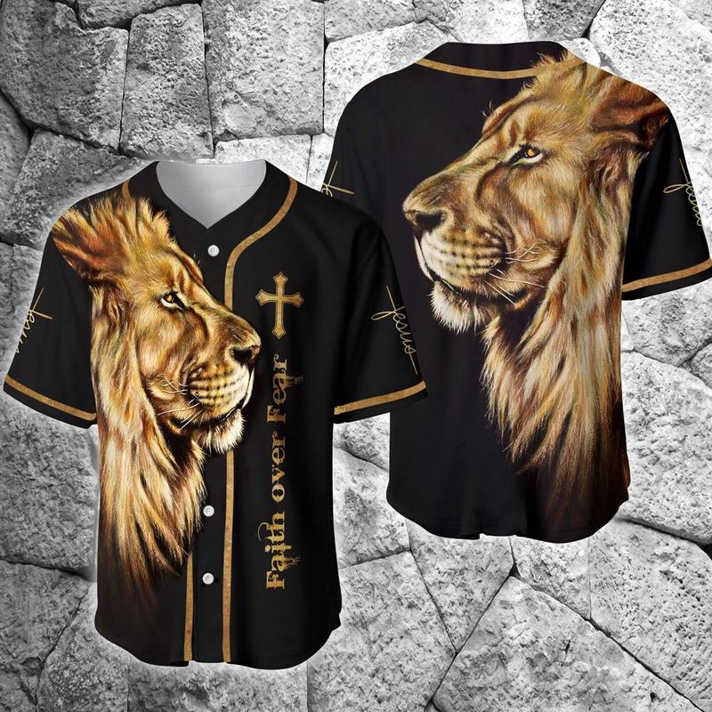 Faith Over Fear Black Jesus Baseball Jersey - Lion King Christian Apparel