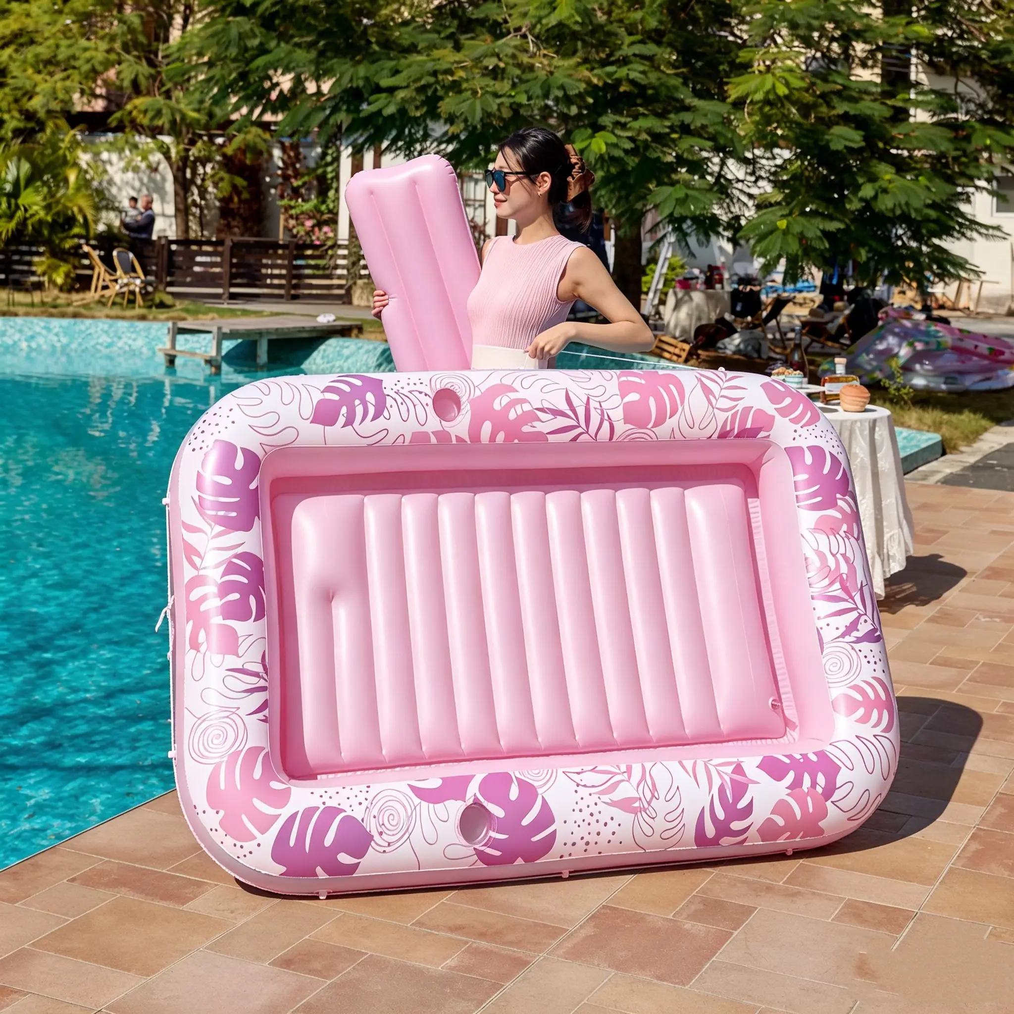 70" X 45" Super Large Inflatable Sun Lounger, Water Pillow, Drink Holder, Cooler Tray, 4-In-1 Pool Float, Summer Outdoor Water Activity Swimming Pool, Rectangular Inflatable Pool, Pool Floats Lounger, Pool Inflatables