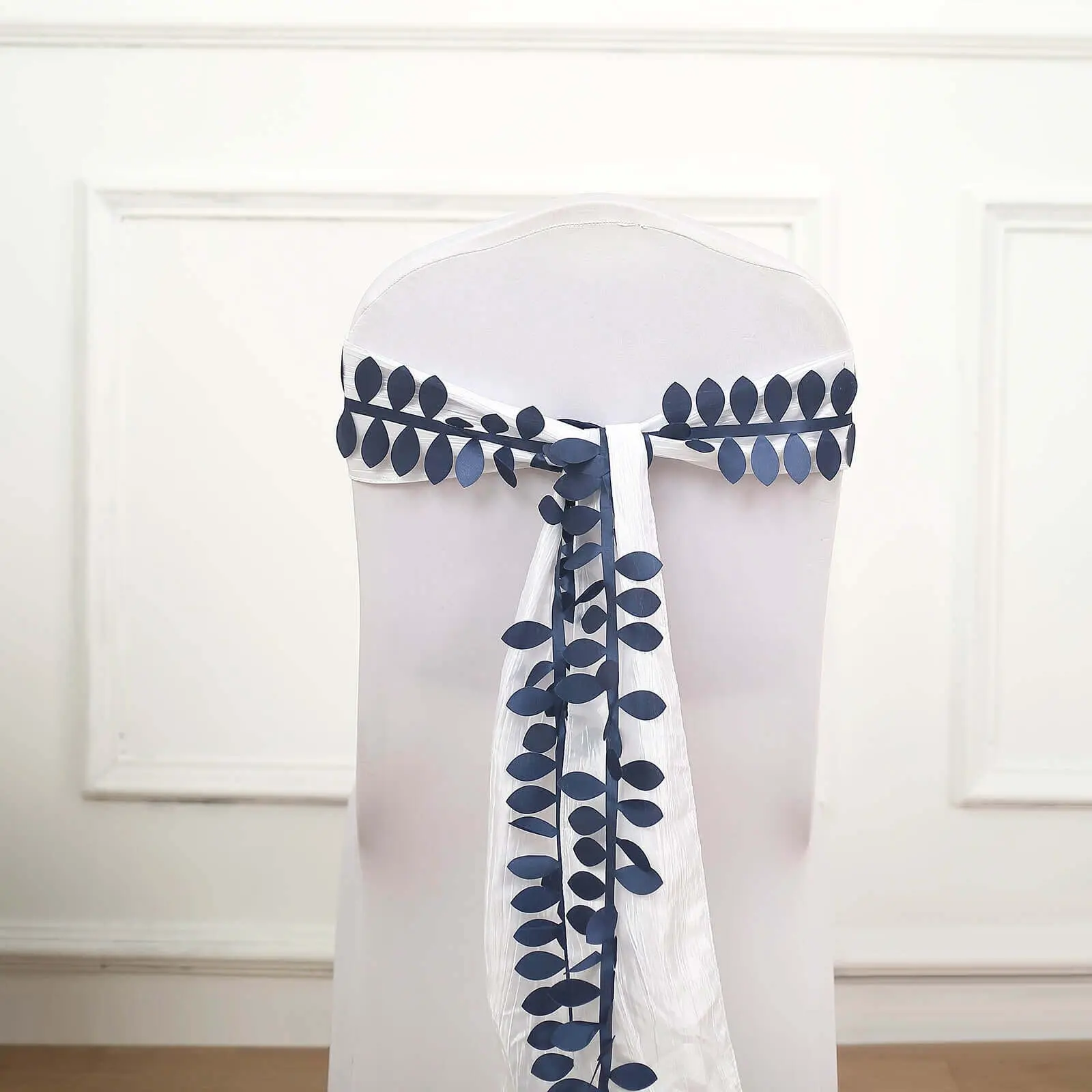 Navy Blue Taffeta Ribbon Sash with 4" Leaf Pattern - 50ft Multi-Functional Synthetic Fabric Garland, Home Supplies for Party, Scrapbooking & Wedding Decorations