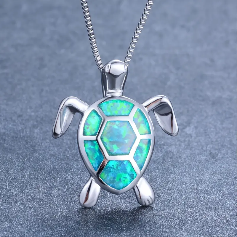 Bohemian Fire Necklace for Women, Silvery, Blue, White & Green with Large Turtle Pendant