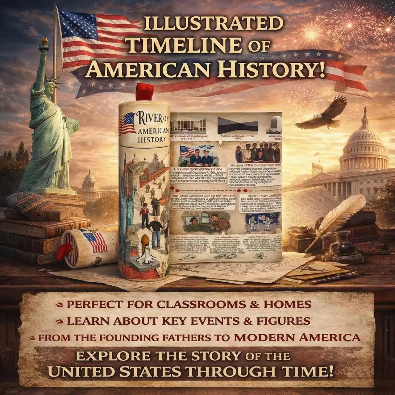 Yihang Illustrated American History Timeline Poster Scroll - Visual Timeline of Major US Events, From Founding Fathers to Modern Era - Detailed Educational Wall Chart for Home, Classroom & Study Decor