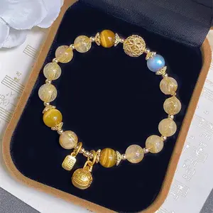 Hot Selling Lucky Crystal Get Rich Overnight Natural Yellow Crystal Golden Rutilated Quartz Bracelet Wealth Beads Yellow Tower Crystal Bracelet Jewelry