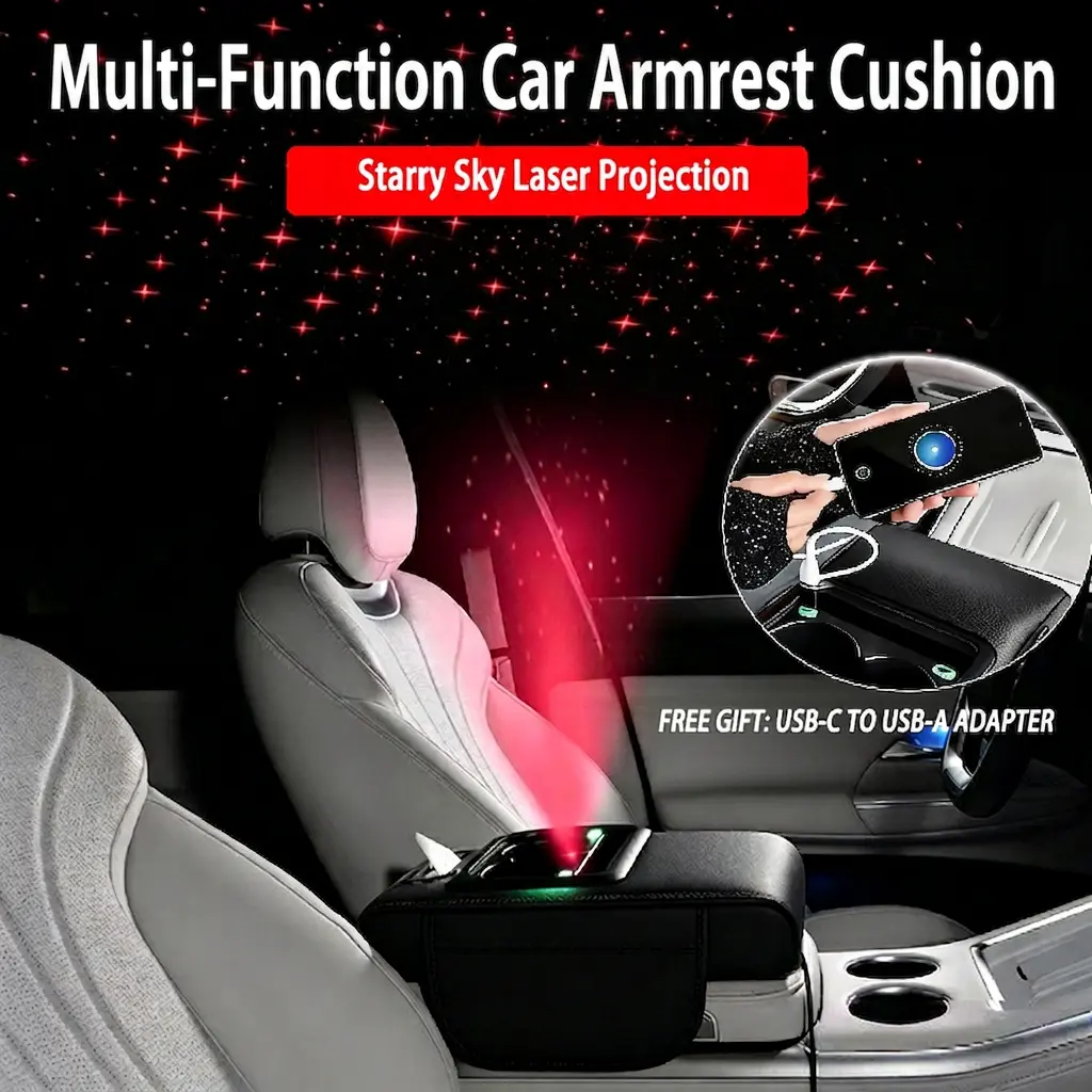 7-in-1 Car Armrest Box Height Riser - Nappa Leather & Memory Foam Elbow Support Pad, Water-Resistant Reinforced Cup Holder-Tissue Box Combo, Rechargeable LED Star Projector, Interior Stowing Accessory for Long Drives