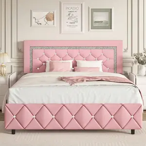 Twin/ Full/ Queen/ King Size Bed Frame, Upholstered Bed Frame With Diamond Headboard And Footboard, White/ Beige/ Black/ Grey/ Pink/ Purple/ Green