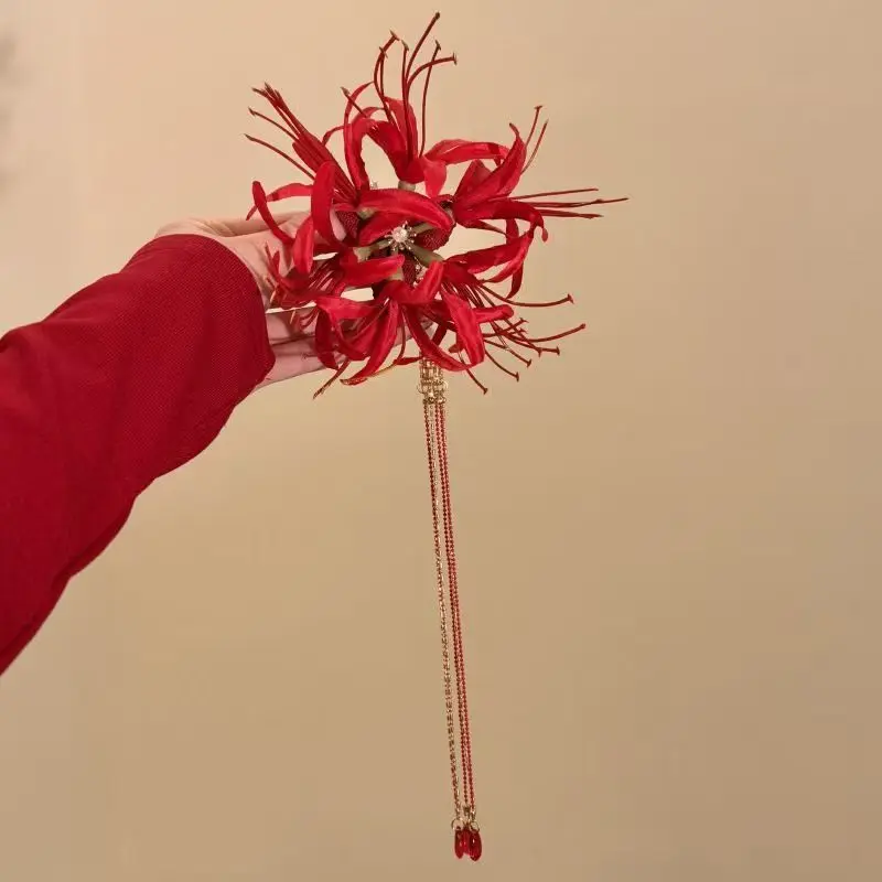 Handmade Gothic Red Spider Lily (Lycoris Radiata) Tassel Hair Clips,Blush Pink Auspicious Accessories for Women, Memorial Day & Birthday Events