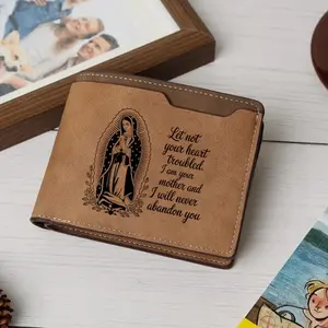 Virgin of Guadalupe Leather Wallet – Engraved Prayer Design Craft Leather Wallet – Slim, Minimalist Men’s Card Holder – Laser Engraved with 'Aunque Estoy Lejos, México Vive en Mi Corazón' – Trendy 2025 Gift for Mexican Americans