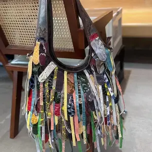 Leather Bag - Multicolor Fringe Design with Unique Textured Straps and Durable Construction