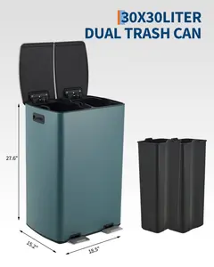 Garvee 16 Gallon (60L) Dual Compartment Step Trash Can, Stainless Steel Kitchen Garbage Can for Trash and Recycling, Soft Close Lid, Odor Control, Hands Free