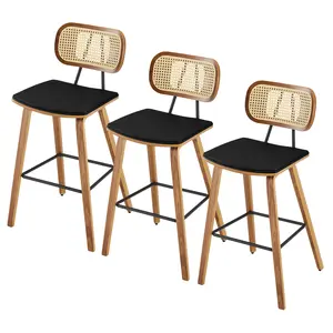 BEKRVIO Set of 3 Mid Century Modern Counter Height Bar Stools PU Leather Upholstered Barstools with Rattan Back for Kitchen Counter Chairs Barstools