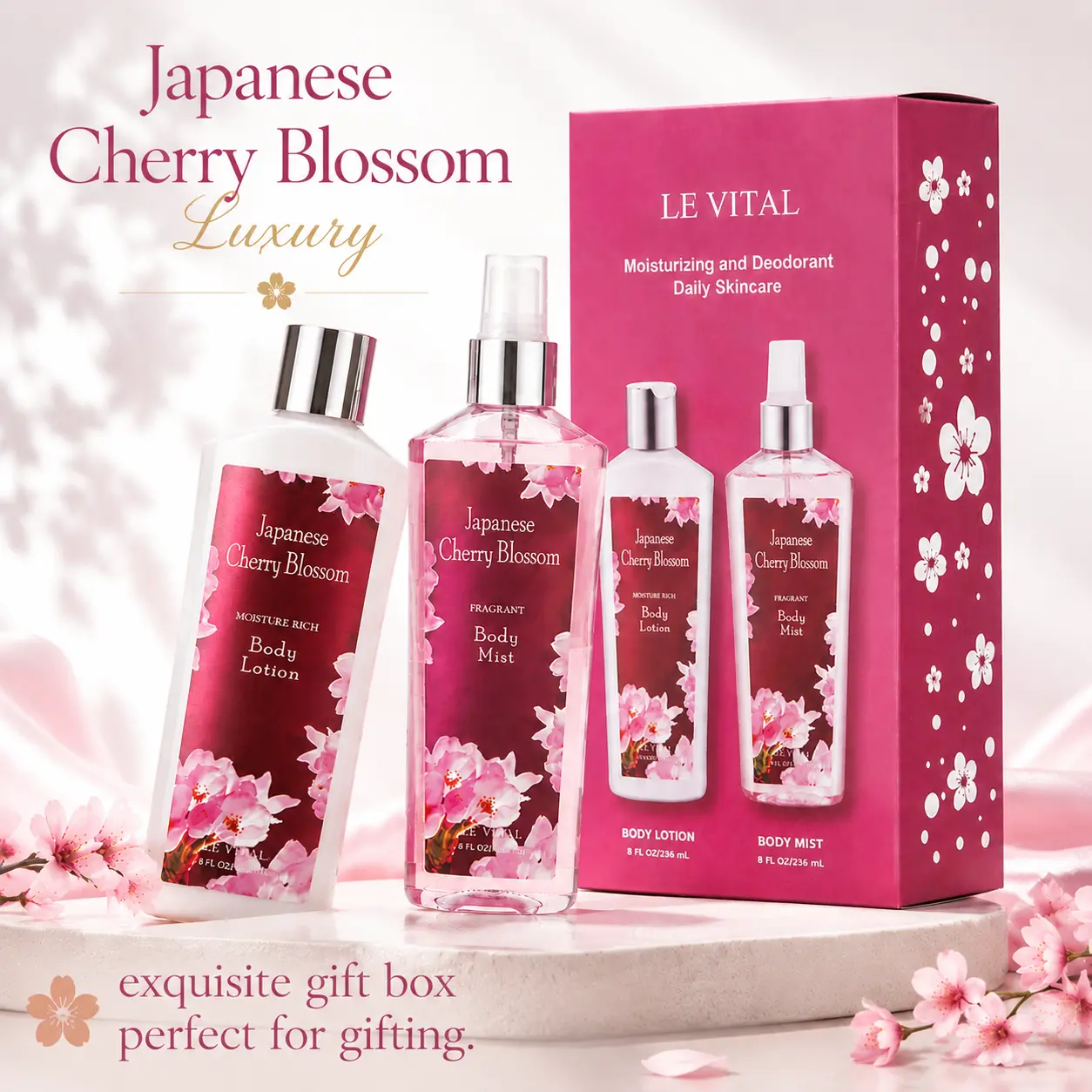 Gift for Mom, Girlfriend & Bestie! Vital Luxury Japanese Cherry Blossom Body Care 2-Piece Gift Set - Full Size Mix & Match (Body Lotion with Shower Gel or Fragrance Mist)