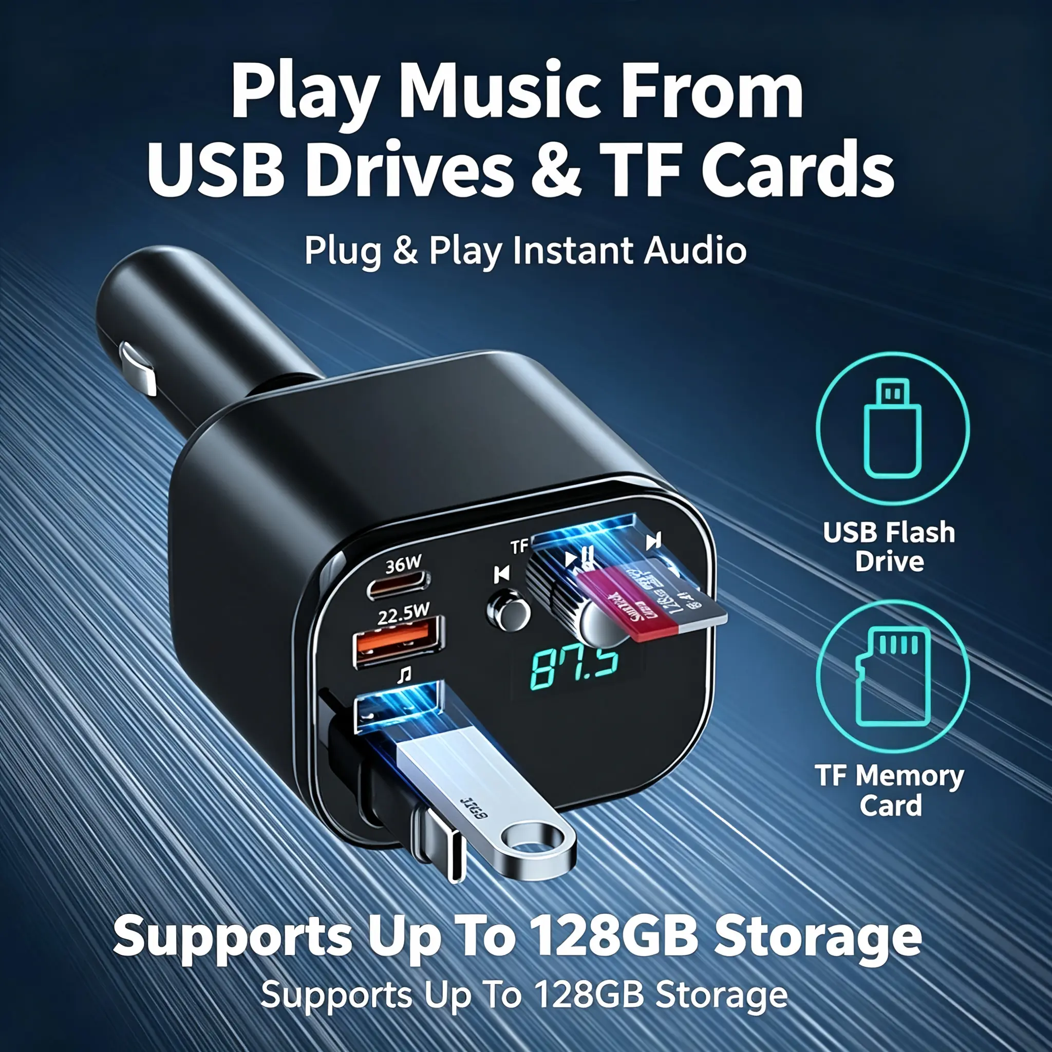 [Update] 5-in-1 Bluetooth 5.0 Car FM Transmitter PD 45W Type-C Fast Car Charger Hands-Free Calling U Disk TF Card Player 12V-24V Car Voltage Monitor Compatibility