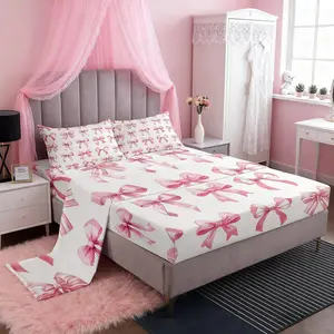 Feelyou Girls' Princess Look Bedding Set - Girls’ Theme, Multi-Size Soft Fabric Watercolor Pink 3D Bowknot Microfiber, Fitted Sheet + Flat Sheet for Bedroom Decor