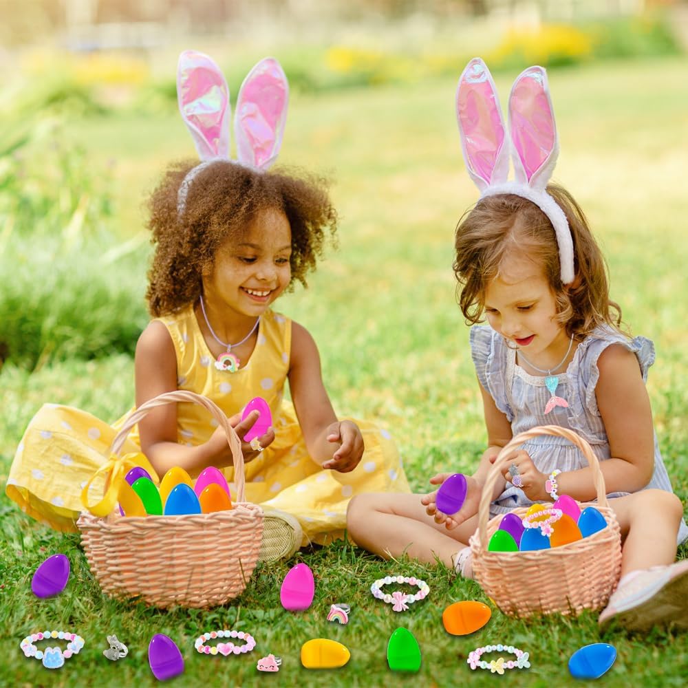 12 Pack Prefilled Easter Eggs for Kids  Easter Basket Stuffers & Fillers with 36 Cute Bracelets Necklaces & Rings  Perfect Easter Gifts Party Favors & Egg Hunt Supplies for Girls & Toddlers
