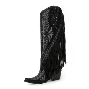 [QIY]Cowboy Boots for Women Fringe Cowgirl Boots Embroidered Studded Pointed Toe Chunky Heel Western Knee High Boots Pull On Tall Boot