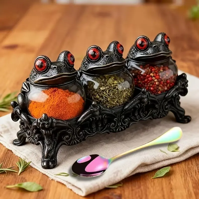 Gothic Witch Frog Spice Seasoning Jars Set of 3, Carved Base with Spoon, Vintage Handmade Apothecary Jars, Perfect for Dark Theme Kitchen, Halloween Decor