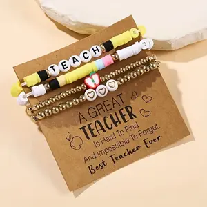 4Pcs Fashionable Teacher's Day Gift Soft Clay Bracelet Set Multi-layer English Letters TEACH Handmade Colorful Beads Bangle Stackable Elastic Bracelets Gift For Teachers On Teacher'S Day, Graduation, Or Back To School Season