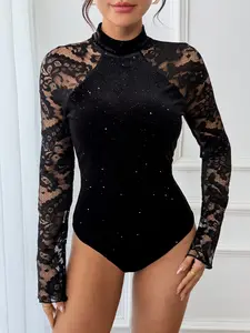 Women's High Neck Design Lace Long Sleeve Bodysuit, Velvet Sequins Patchwork Slim Fit, Sexy Bottom Layering Top, Fashionable Women's Clothing, Lady, Elegance, Womenswear