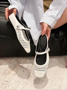 Women's Fashionable Hollow Out Design Square Toe Flat Shoes, Casual Comfortable Slip on Loafers for Daily Wear, Lightweight Breathable Shoes for Women & Girls