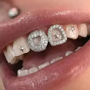 Heart Cutout Full Zirconia Sparkling Hip Hop Teeth Grille Tooth Gems Party Costume Accessory Unisex Music Festival Wear