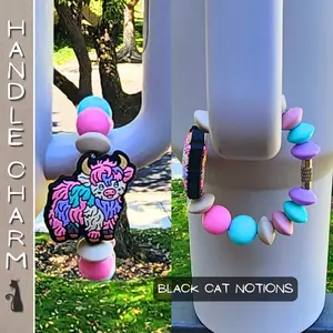 Black Cat Notions Highland Cow Pastel Tumbler Charm Handle Charm Cup Charm Keychain for Stanley Cup and Accessories Wooden & Silicone Beads Handmade with Twist Latch